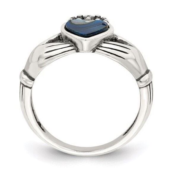 Sterling Silver Antiqued Abalone Inlay and Black Enamel Claddagh Ring - Picture 3 of 7